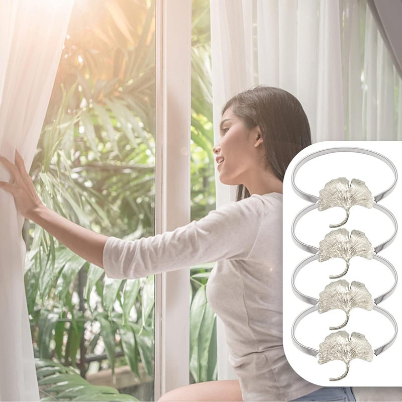 LLPMutu 4Pack Curtain Tiebacks Aluminum Alloy Spring Design Curtain Holdback Leaf Carving Design Curtain Ties for Drapes Curtain Ties Backs Curtain Modern Style Curtain Holdback Decor (Silver Ginkgo) - Image 5